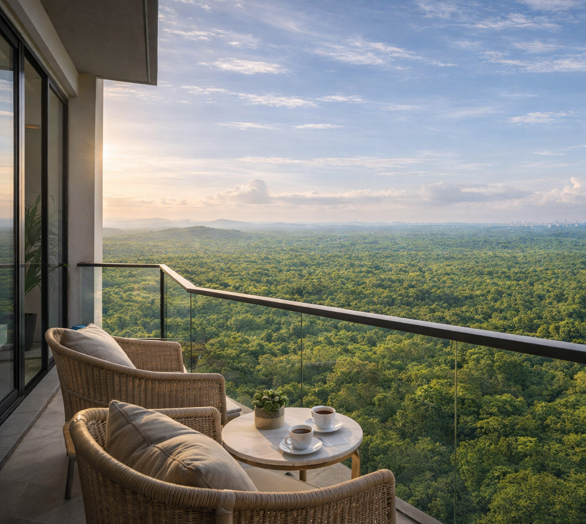 Luxury apartment balcony with national park view showing modern seating overlooking lush green forest landscape
