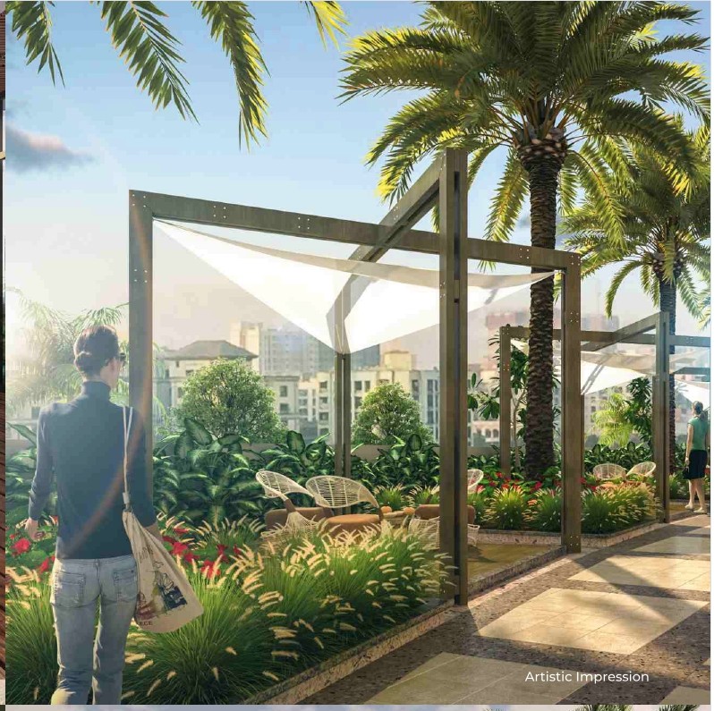 Serene terrace walking area with lush greenery and comfortable seating zones